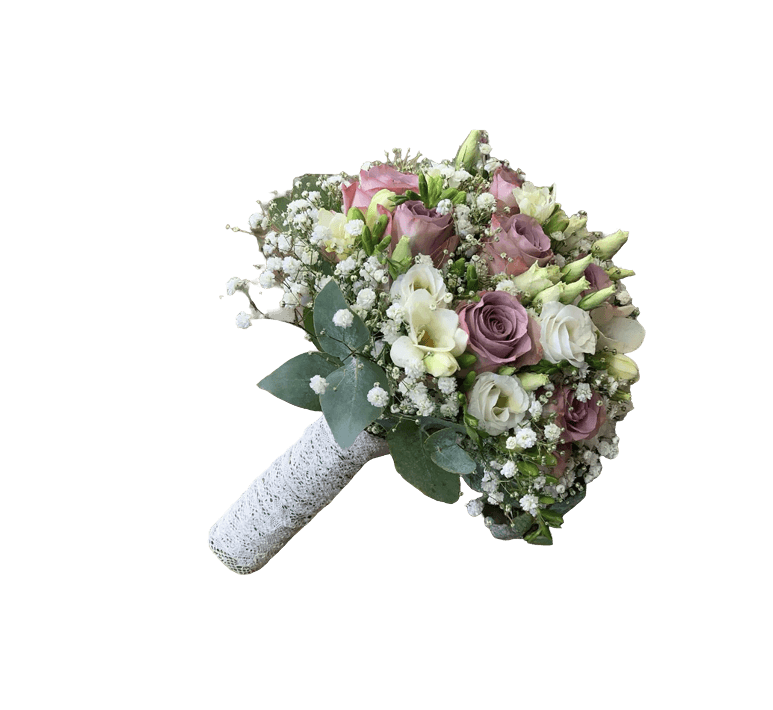 Brudebuket med memorly lyselilla roser og hvid blomster