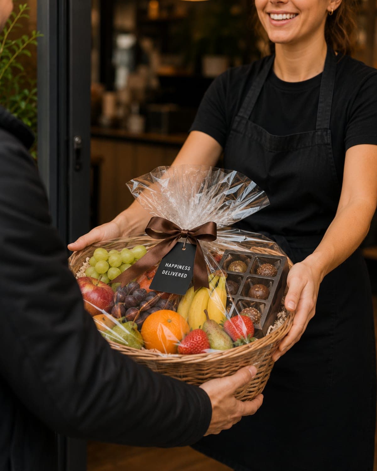 Frugtkurv med chokolade overrakt til en kunde